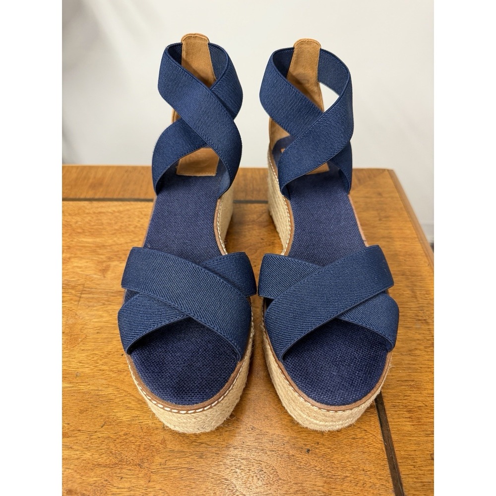 Tory Burch Women's Size 10.5 Navy 50mm Frieda Espadrille Wedge Sandals Stretch